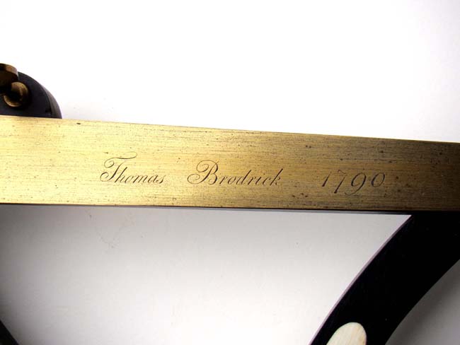 A fine and rare 18th Century ivory inlaid and brass mounted ebony Octant     having its 18 1/4" index arm engraved "Thomas Broderick 1790." — image 3